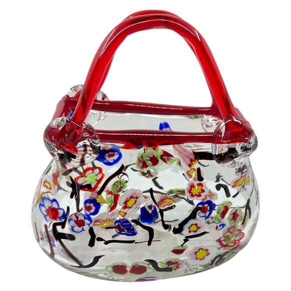 Murano Style Millefiori Red Art Glass Clutch Bag Purse Vase - Picture 3 of 6